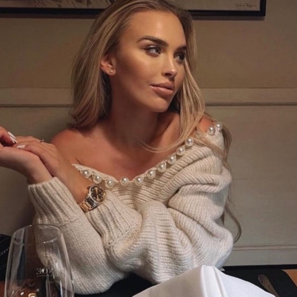 Zara Cream Pearl-Trim V-Neck Sweater